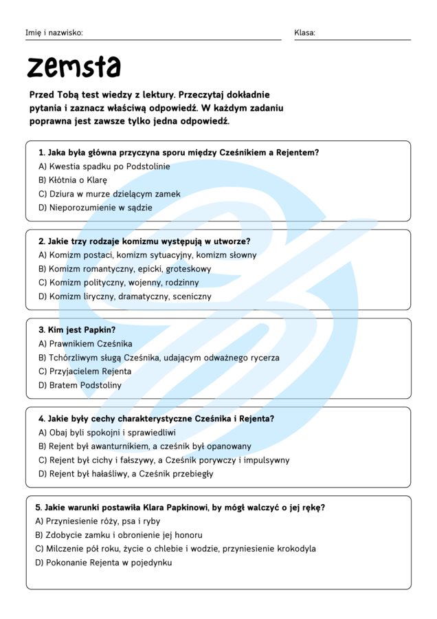 Test z lektury „Zemsta” | Fredro | Szkoła podstawowa | 15 pytań ABCD + Klucz + Skala ocen
