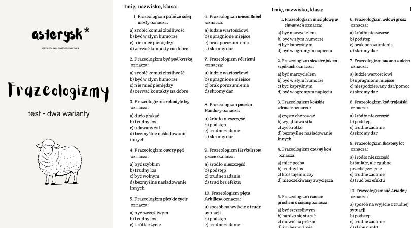 Frazeologizmy - kartkówka (test), dwa warianty