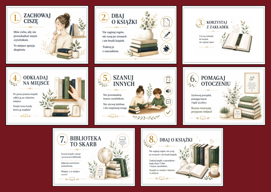 🏷️Zasady zachowania w bibliotece – elegancka gazetka ścienna (9 stron)