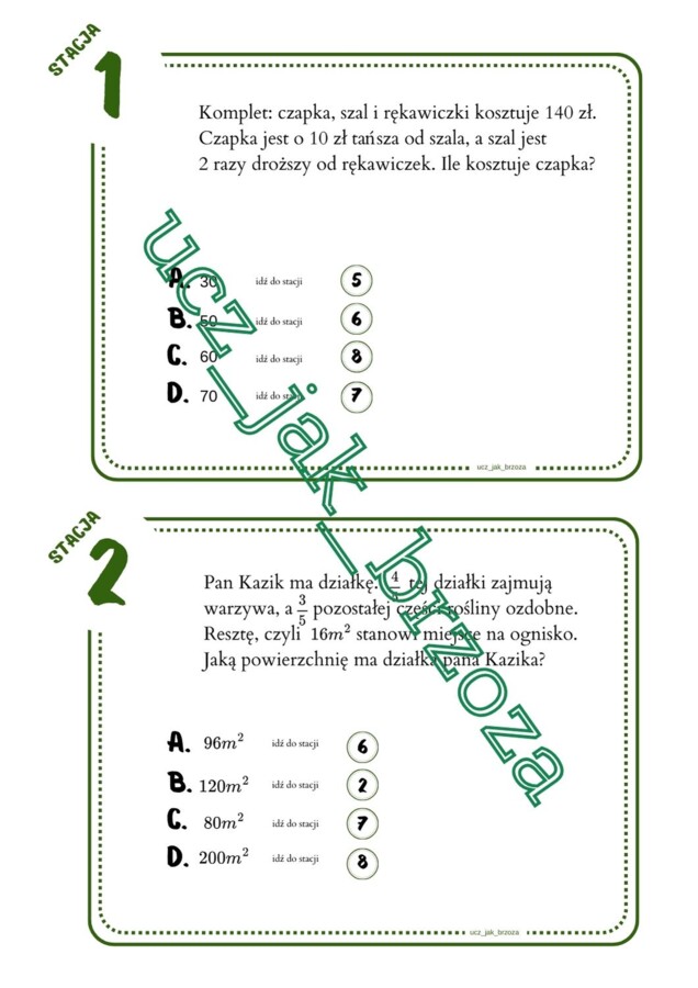 Rozwiązywanie zadań tekstowych za pomocą równań, stacje zadaniowe, klasa 8