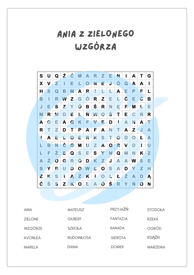 Wykreślanka „Ania z Zielonego Wzgórza” – zabawa i nauka w jednym!