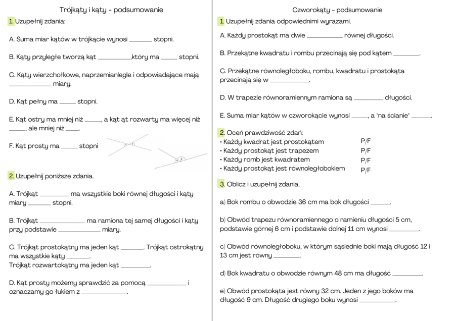 Trójkąty, i kąty i czworokąty - podsumowanie informacji