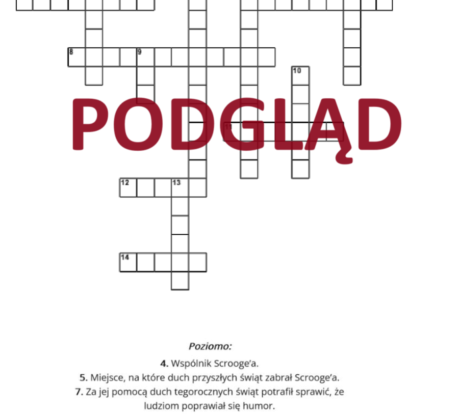 Krzyżówka + klucz odpowiedzi "Opowieść wigilijna"