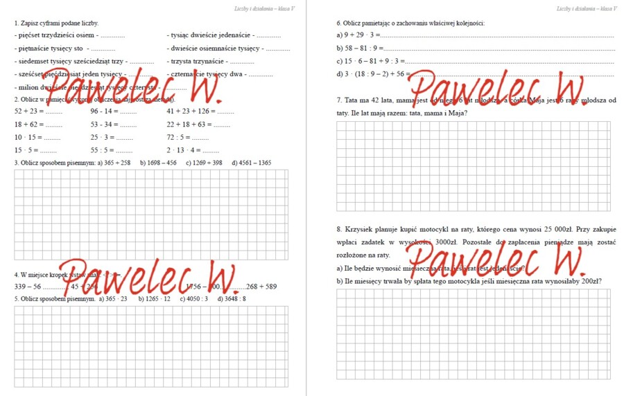 LICZBY I DZIAŁANIA wersja A - sprawdzian z całego działu, kl. 5