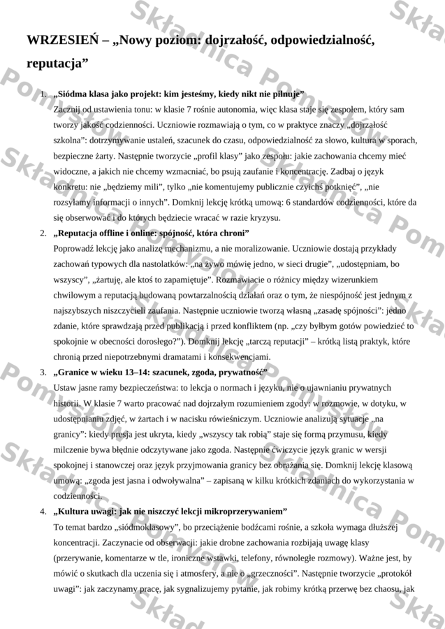 Klasa 7 - godziny wychowawcze | 40 tematów z krótkim omówieniem (plan na cały rok) | lekcje wychowawcze (DOCX)