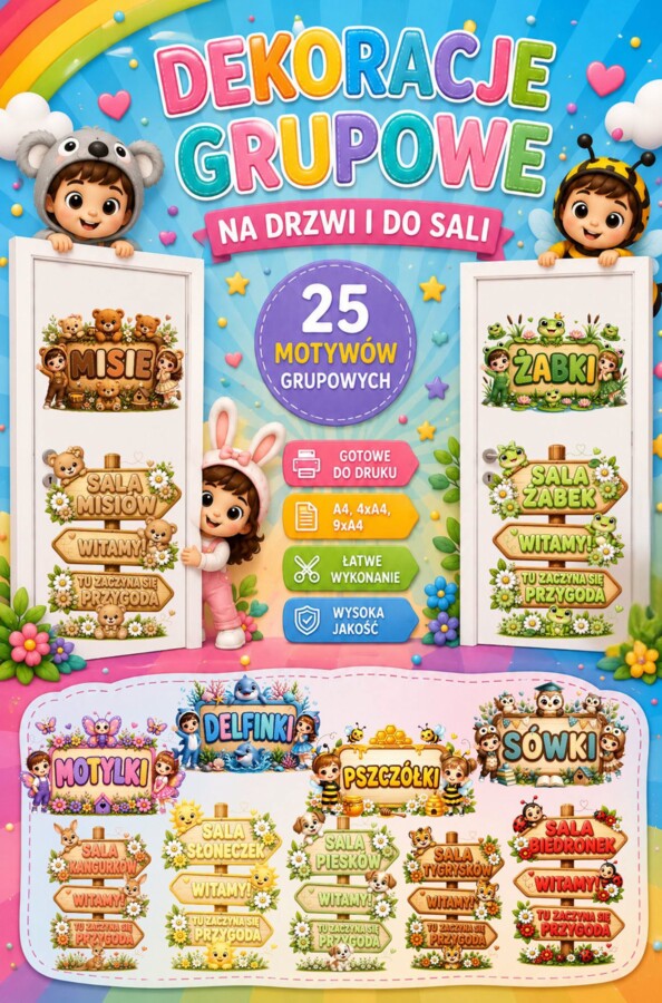 🐨🐸 Dekoracje grupowe na drzwi i do sali 🐯🐰– 25 motywów w jednym pakiecie!