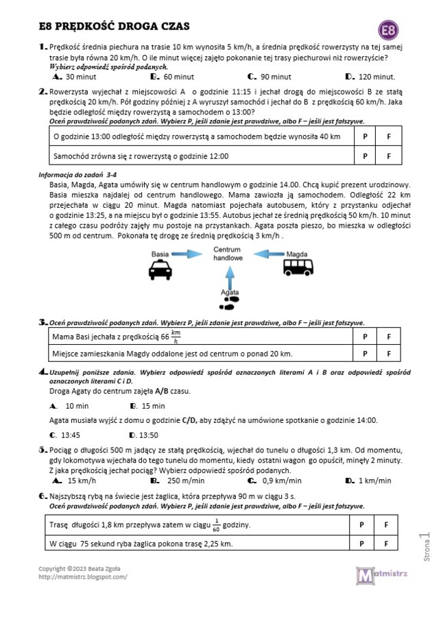 E8 Prędkość, droga i czas - zestaw zadań z matematyki