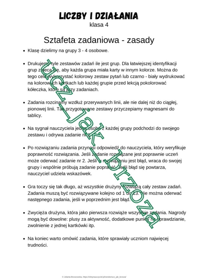 Sztafeta zadaniowa Liczby i działania klasa 4