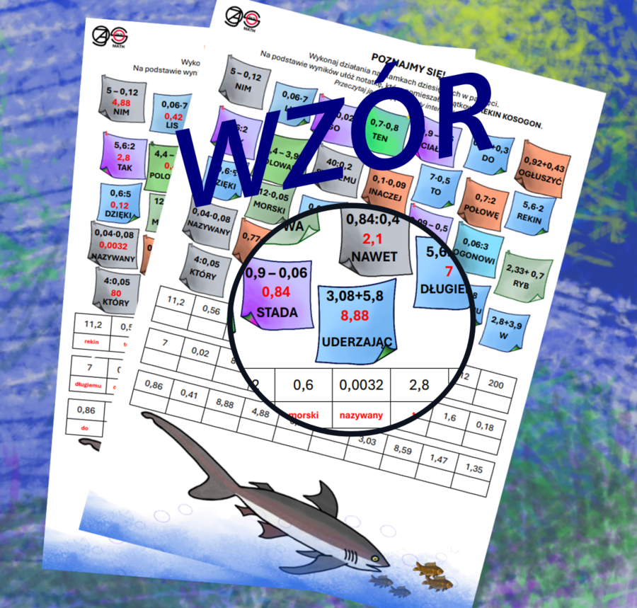 (klasa 6, klasa 7) Cztery działania pamięciowe na ułamkach dziesiętnych z rekinem.