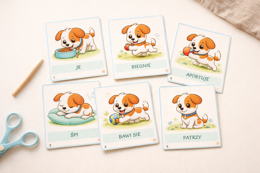 Karty obrazkowe: Co robi Reksio?