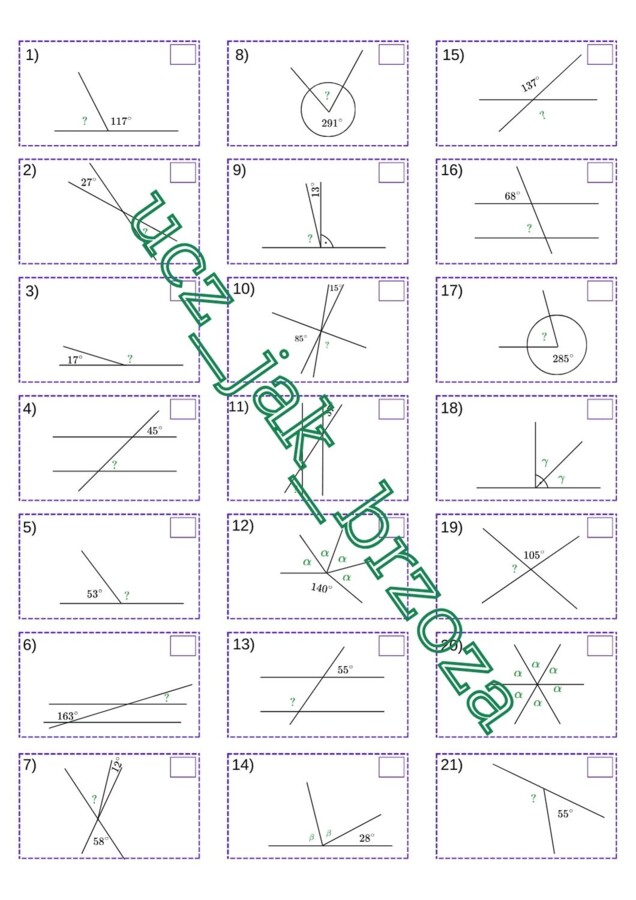 Własności kątów, kąty wierzchołkowe, przyległe, odpowiadające i naprzemianległe, karta pracy, dyktando grafomotoryczne, kodowanie, klasa 5