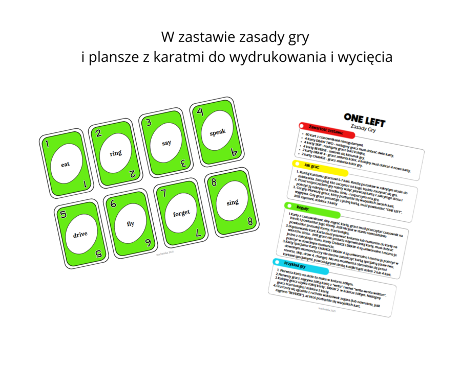 One Left - Gra karciana na znajomość czasowników nieregularnych, język angielski, irregular verbs, Past Simple, Present Perfect, Past Perfect