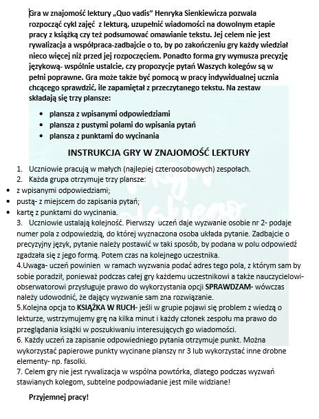 "QUO VADIS"- GRAMY W ZNAJOMOŚĆ LEKTURY