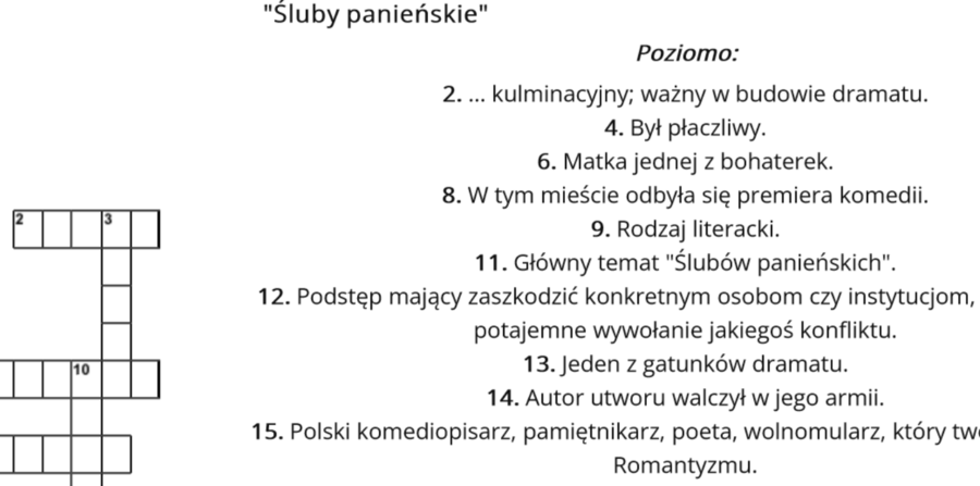 "Śluby panieńskie" - krzyżówka z odpowiedziami