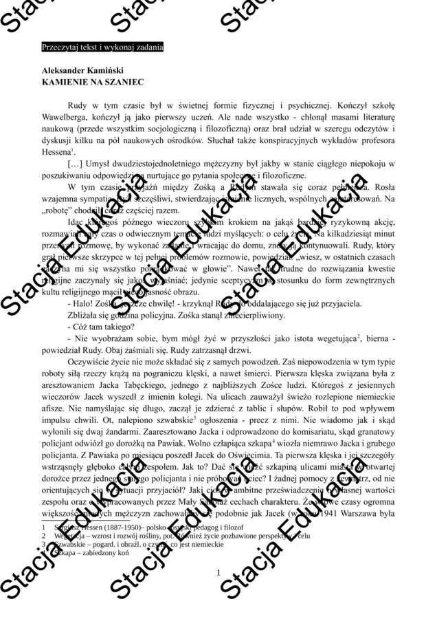 Egzamin ósmoklasisty – Arkusz z języka polskiego „Kamienie na szaniec” | Pełny test z kluczem odpowiedzi
