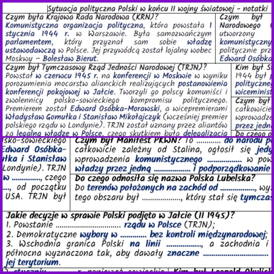 Sytuacja polityczna Polski w końcu II wojny światowej – notatki i karta pracy
