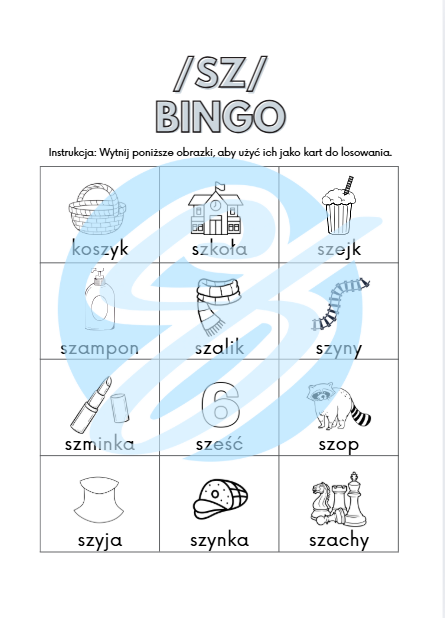Logopedia Bingo do utrwalania głoski „sz” – materiały do terapii logopedycznej z kartą do kolorowania i losowania