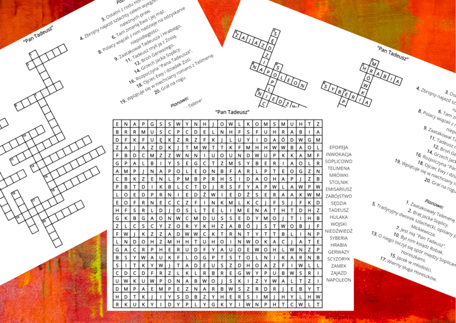 "PAN TADEUSZ" - krzyżówka, wykreślanka - lektury obowiązkowe kl.7-8