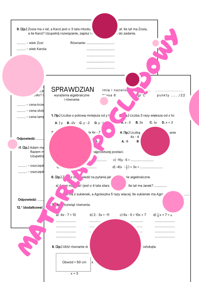 Sprawdzian. Wyrażenia algebraiczne. Równania. Klasa 6. GWO