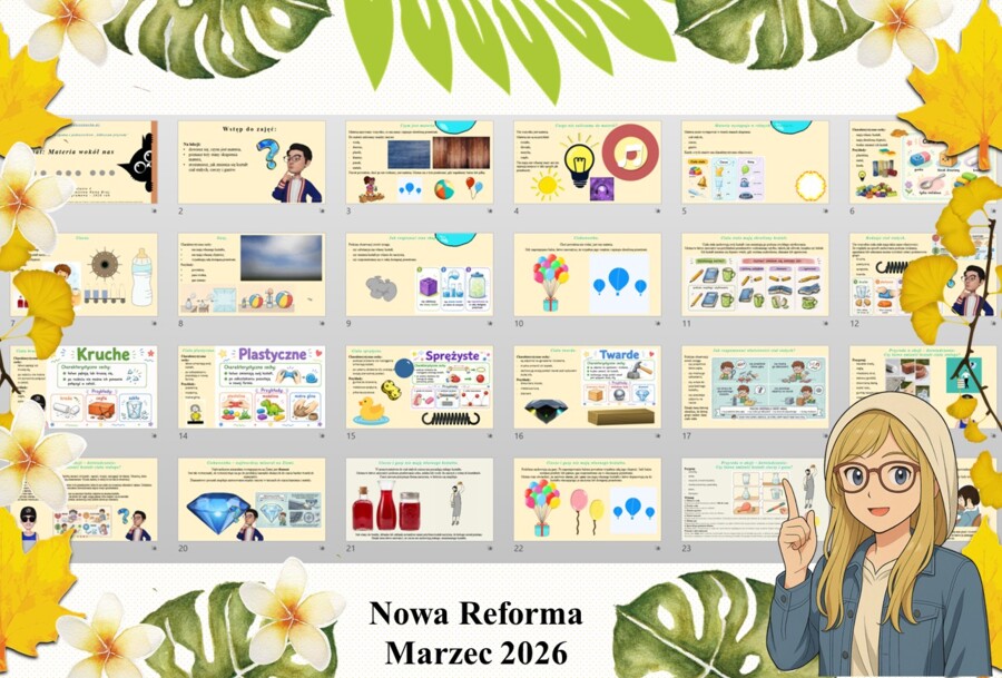 Prezentacja multimedialna w PowerPoint do edycji „Materia wokół nas” wykonana na podstawie podręcznika „Przyroda” Nowa Era. Przyroda 4. Dział „Obserwuję zjawiska przyrodnicze".