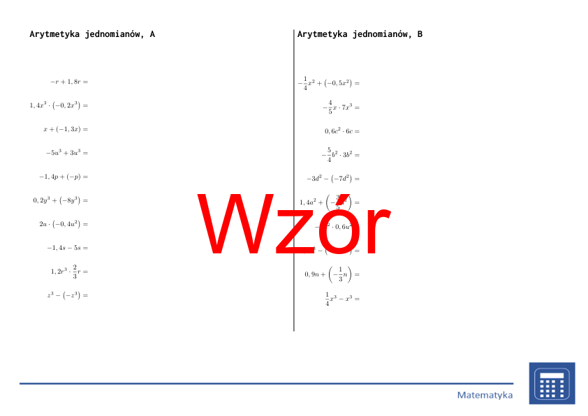 Arytmetyka jednomianów | matematyka, algebra | 26 kolumn