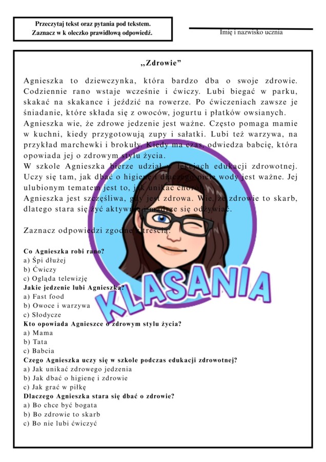 Czytanie ze zrozumieniem - Zdrowie + gramatyka (test)