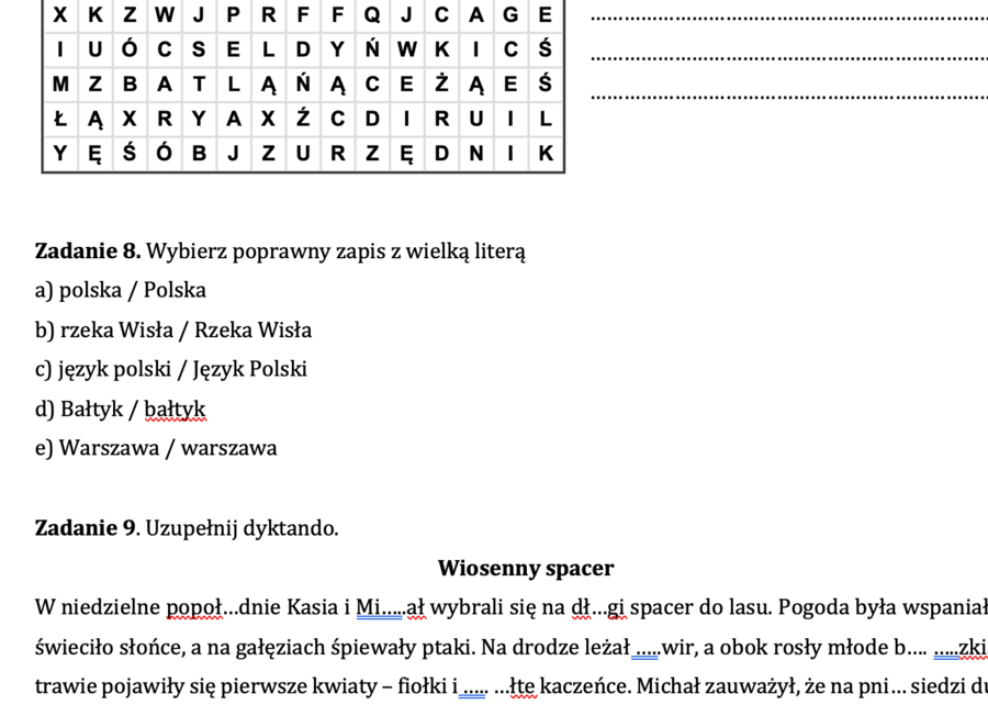 Zajęcia wyrównawcze z języka polskiego - zestaw zadań