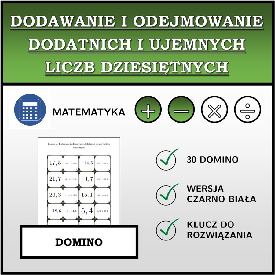 Domino - Dodawanie i odejmowanie dodatnich i ujemnych liczb dziesiętnych | matematyka