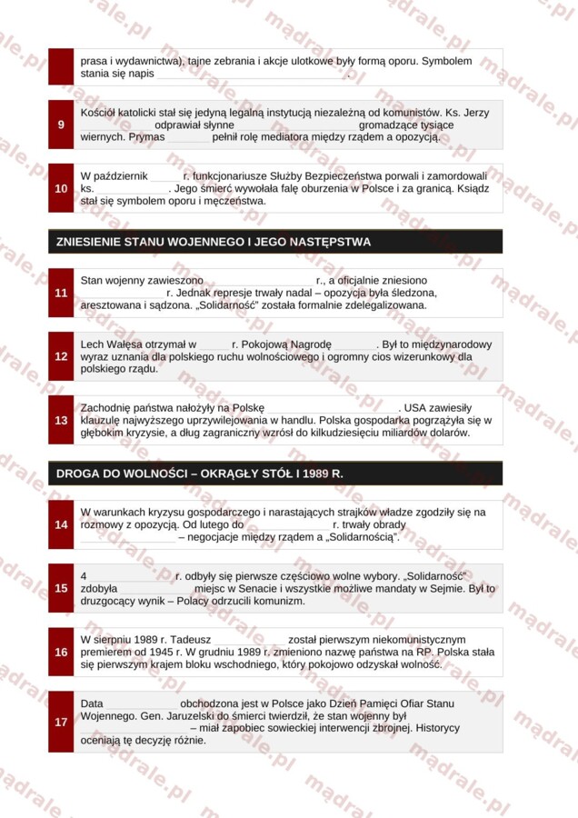 Notatka okienkowa „Stan wojenny” + klucz odpowiedzi