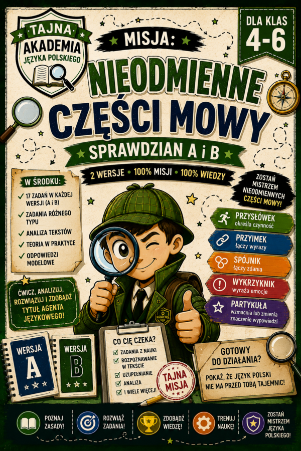 Nieodmienne części mowy – sprawdziany kl. 4–6 | wersja A i B + odpowiedzi modelowe