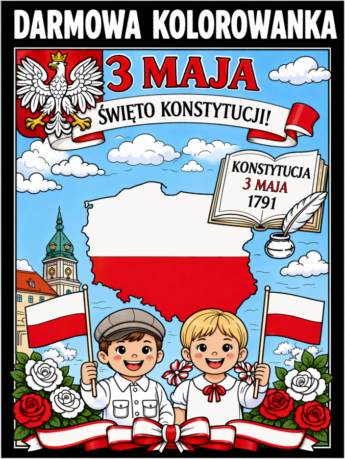 3 MAJA - darmowa kolorowanka A4; ŚWIĘTA MAJOWE; KONSTYTUCJA
