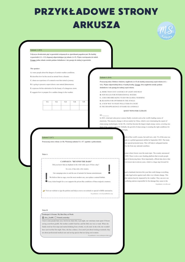 Autorski arkusz maturalny– dział tematyczny: ŚWIAT PRZYRODY- (B1/B1+) | Formuła 2023