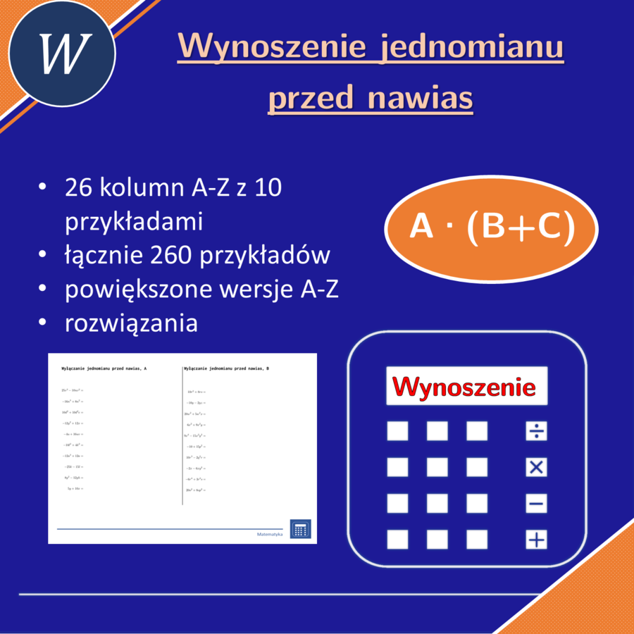 Wyłączanie jednomianu przed nawias | matematyka, algebra | 26 kolumn