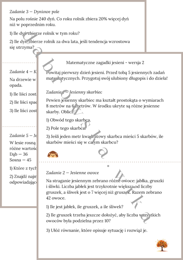 Matematyczne zagadki jesieni - wersja 2 (trudniejsza)