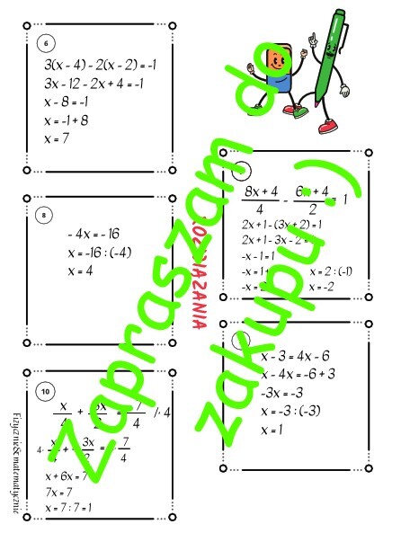 Równania pierwszego stopnia z jedną niewiadomą - karta pracy lub kartkówka z rozwiązaniami.