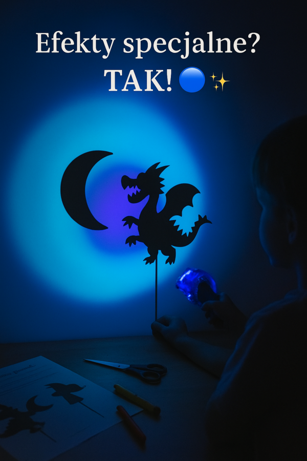 Teatrzyk cieni: własnoręcznie zrobione figurki z tektury, lampa, biała ściana.