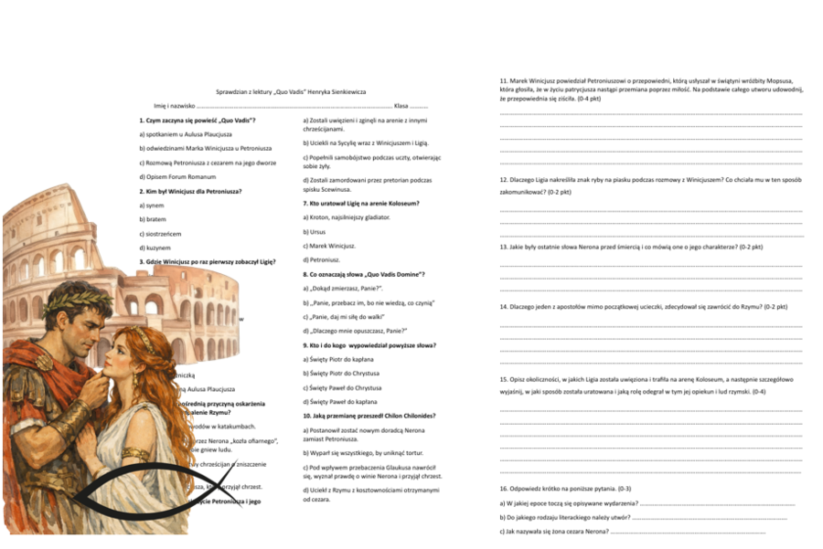 Sprawdzian do lektury "Quo Vadis" + klucz odpowiedzi