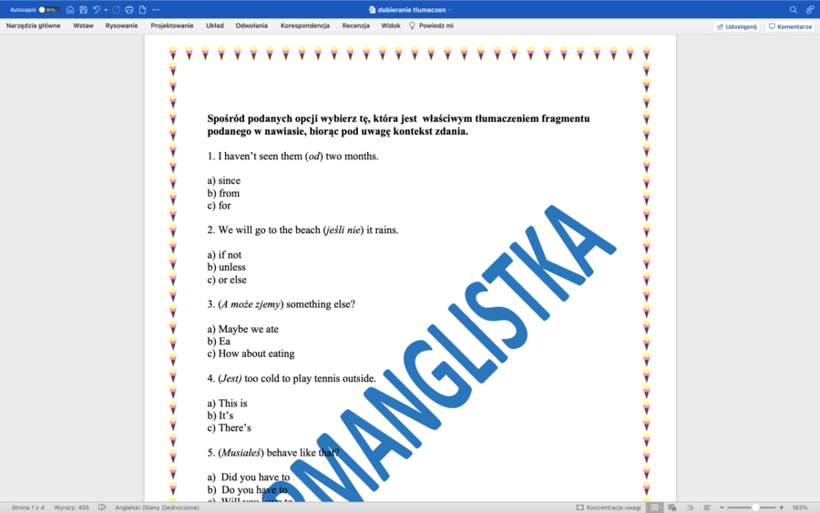 Dobieranie tłumaczeń fragmentów zdań - matura podstawowa z j, angielskiego+KLUCZ