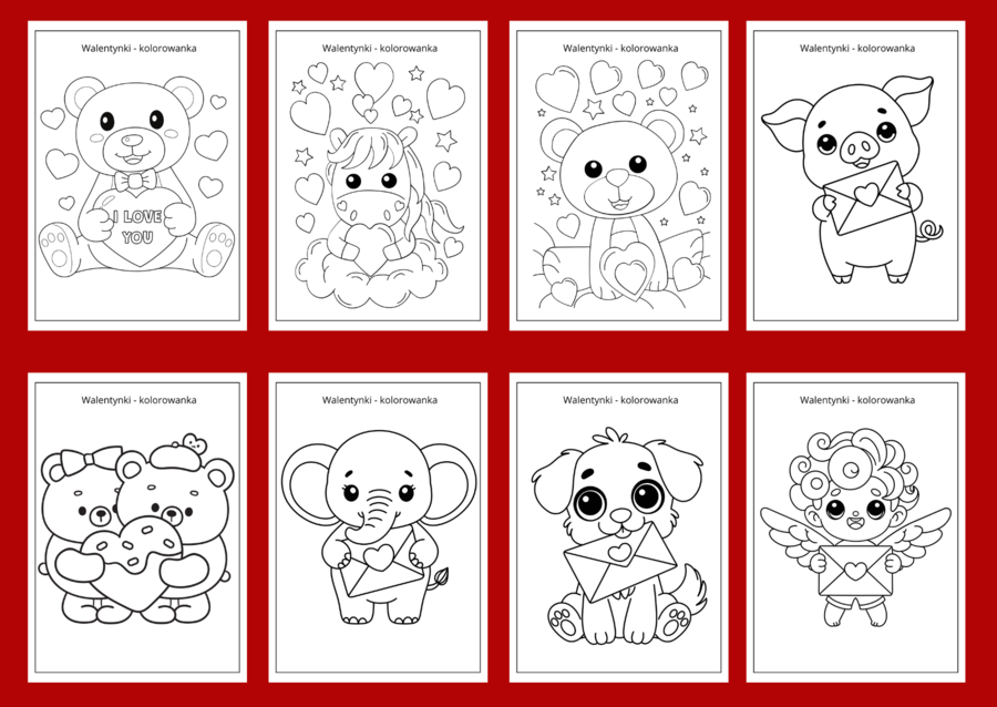 WALENTYNKI – kolorowanka – kolorowanki – biblioteka – świetlica – przedszkole – 30 wersji