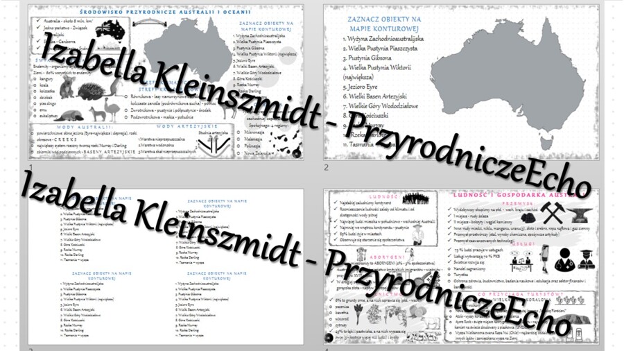 Zestaw sketchnotek – notatek do całego działu „Australia i Oceania” wykonanych w power point do edycji. Geografia 8