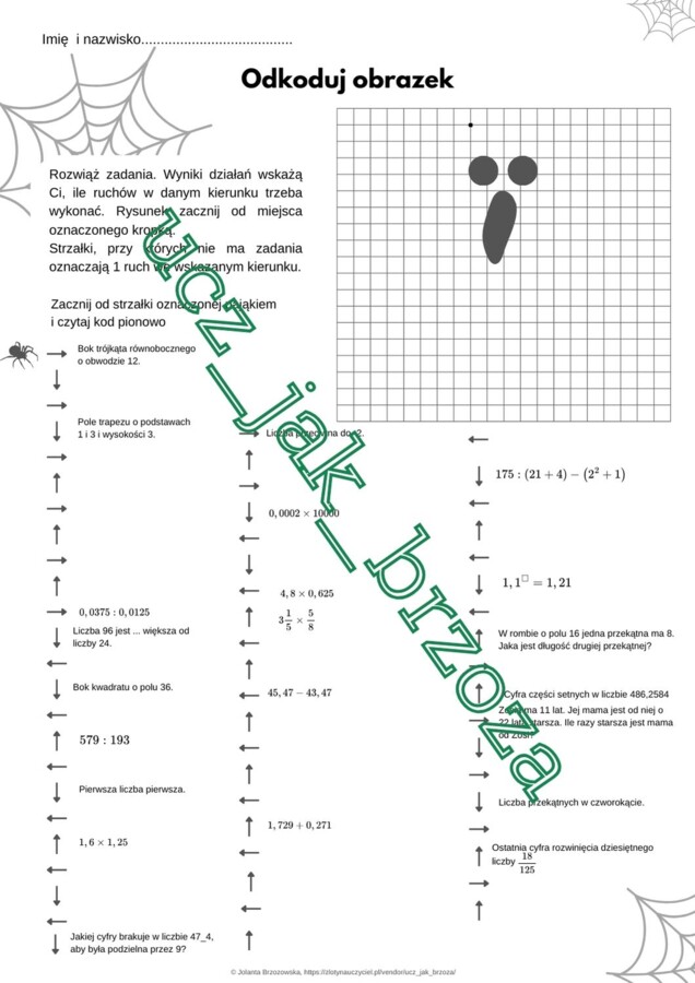 Halloween na matematyce, zadania różne, kodowanie, karta pracy, klasy 6 - 8