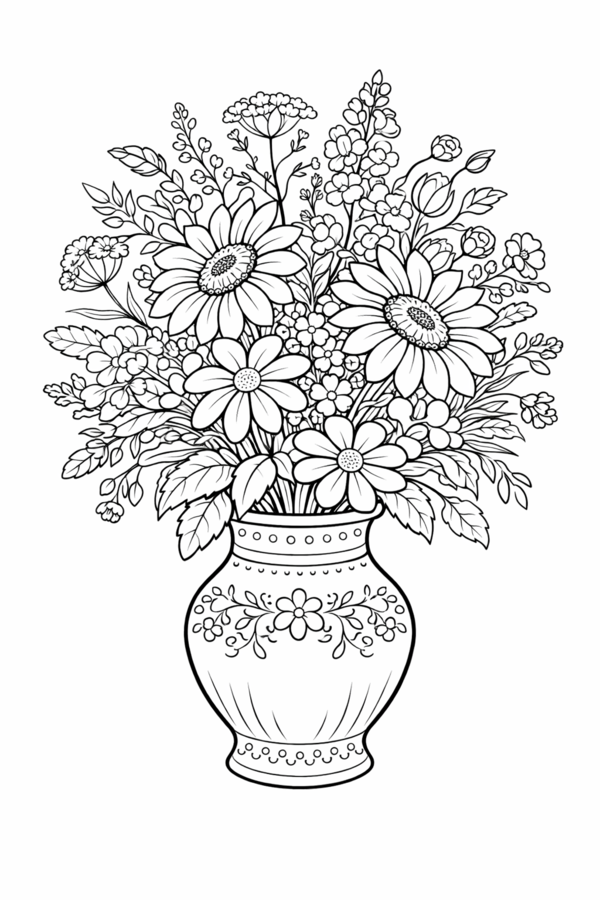Bukiety kwiatów w wazonach - kolorowanki (6 stron) PDF do druku (Dzień Kobiet, Dzień Matki)