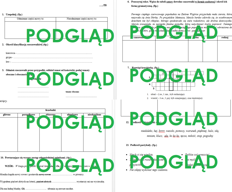 Części mowy - sprawdzian dla klasy 6 ze wszystkich 10 części mowy