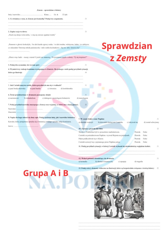 "Zemsta" - sprawdzian podsumowujący z lektury