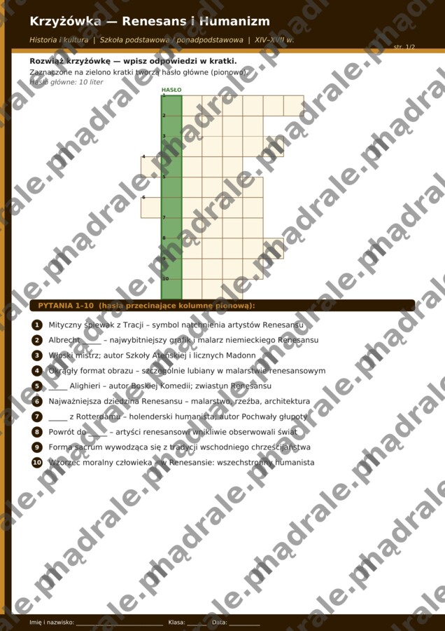 KRZYŻÓWKA "RENESANS I HUMANIZM" KARTA PRACY + KLUCZ ODPOWIEDZI