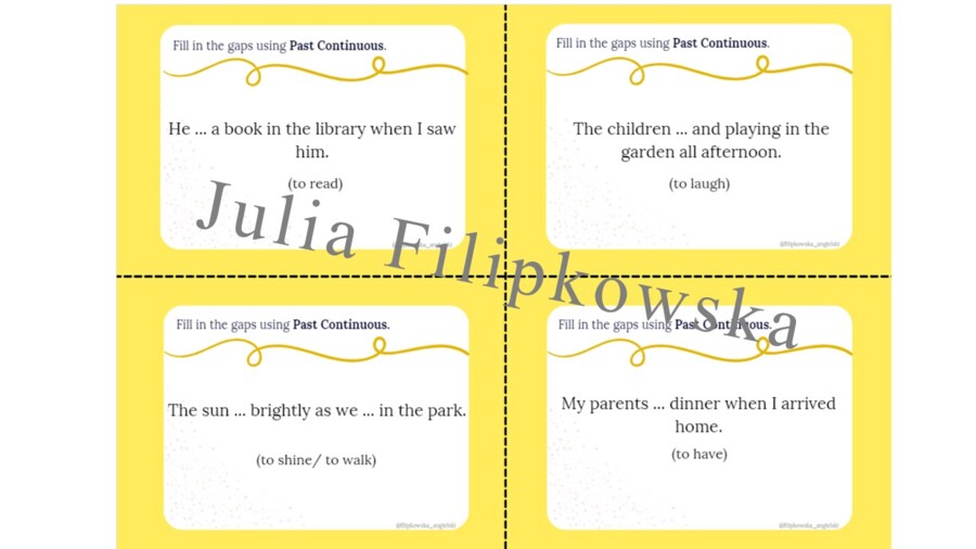 Past Continuous/ Zdania twierdzące/ Karty do mówienia/ Mówienie/ Speaking/ Konwersacje/ Klasy 4-8/ Klasy 4-6/ Klasy 6-8/ SP/ Warm-up/ Rozgrzewka/ Speaking cards/ Gramatyka/ Grammar/ Speaking cards grammar/ Grammar cards/ E8
