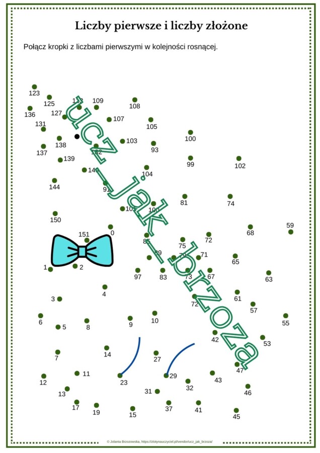 Liczby pierwsze i liczby złożone, połącz kropki, karta pracy, klasa 5