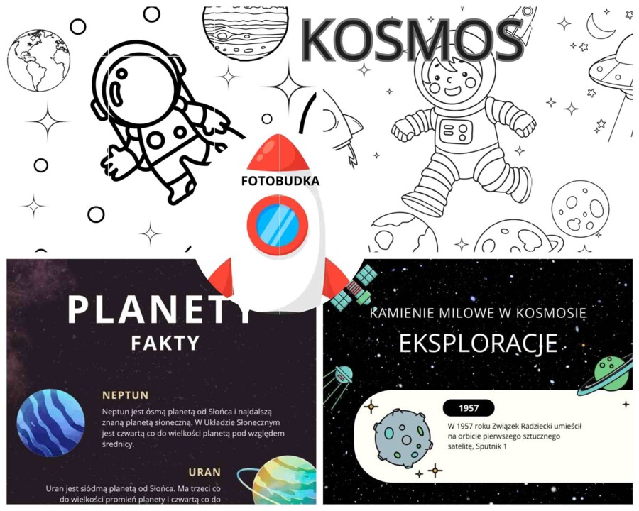 Dzień Kosmosu- 2 kolorowanki XXL (2x 9 a4), 4 infografiki dotyczące kosmosu, fotobudka