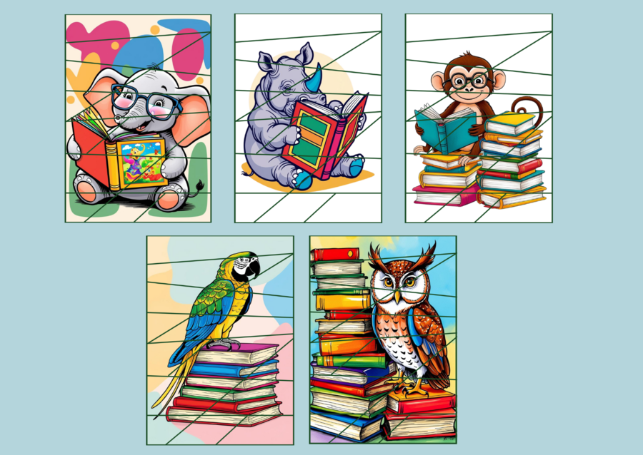 DZIEŃ KSIĄŻKI DLA DZIECI – puzzle – zwierzęta - biblioteka – przedszkole – świetlica – 23 wersje