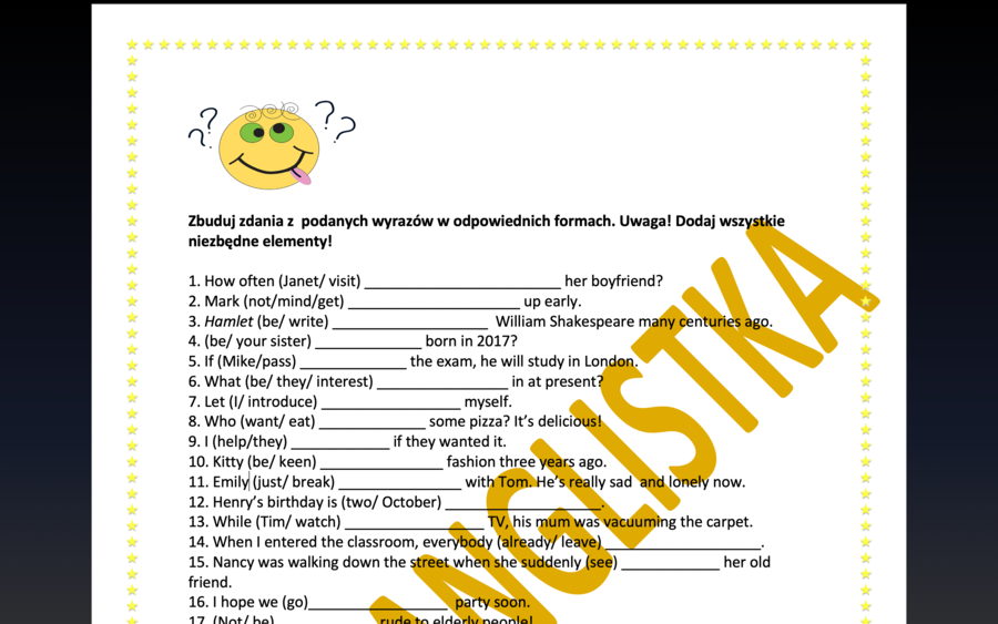 Budowanie zdań z podanych elementów- 40 nowych przykładów + klucz- EGZAMIN ÓSMOKLASISTY